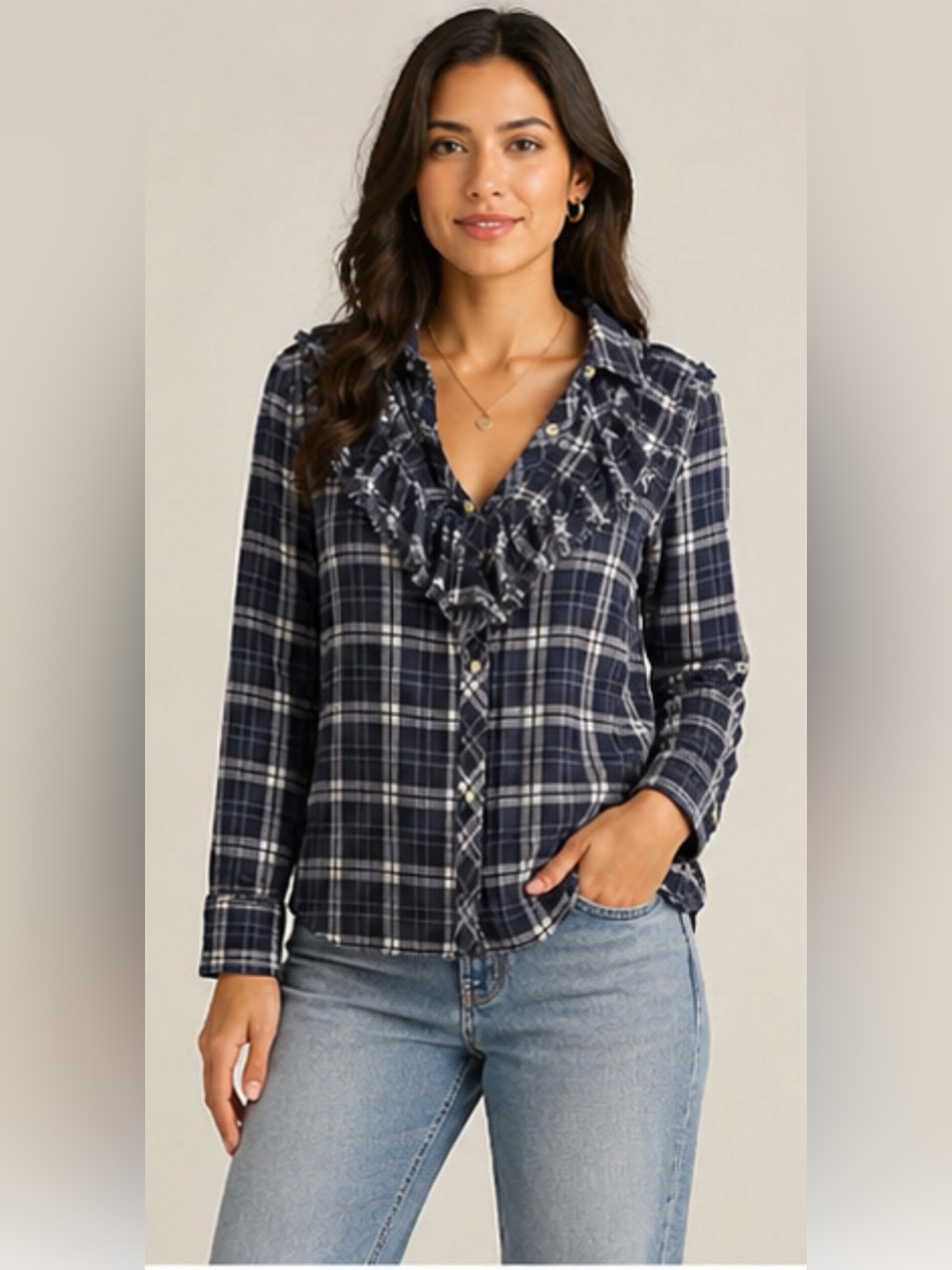 Banana Republic Navy Plaid Ruffle Blouse – Frayed Trim, Button Front (Size M)